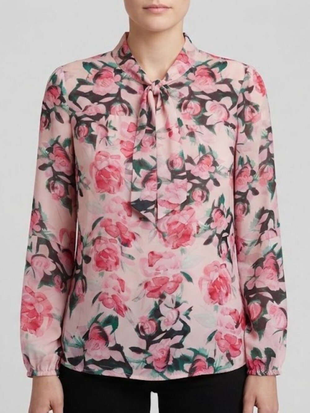 DKNY Pink Floral Tie-Neck Blouse